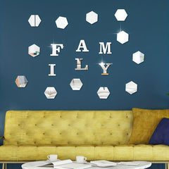 18pcs Hexagonal & FAMILY Letter Mirror Wall Stickers