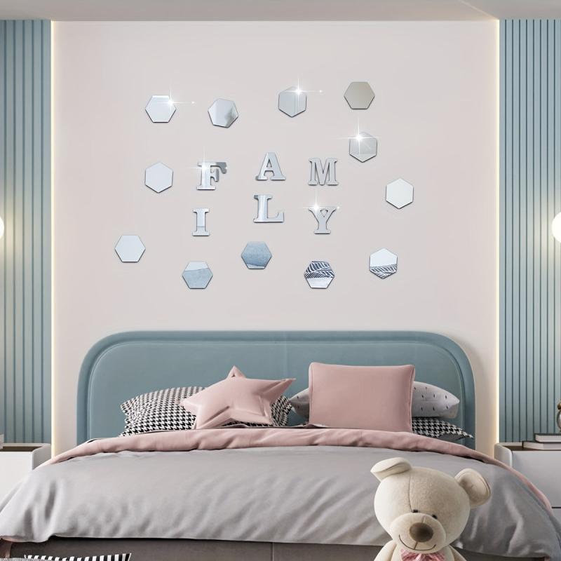 18pcs Hexagonal & FAMILY Letter Mirror Wall Stickers