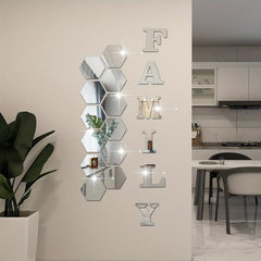 18pcs Hexagonal & FAMILY Letter Mirror Wall Stickers