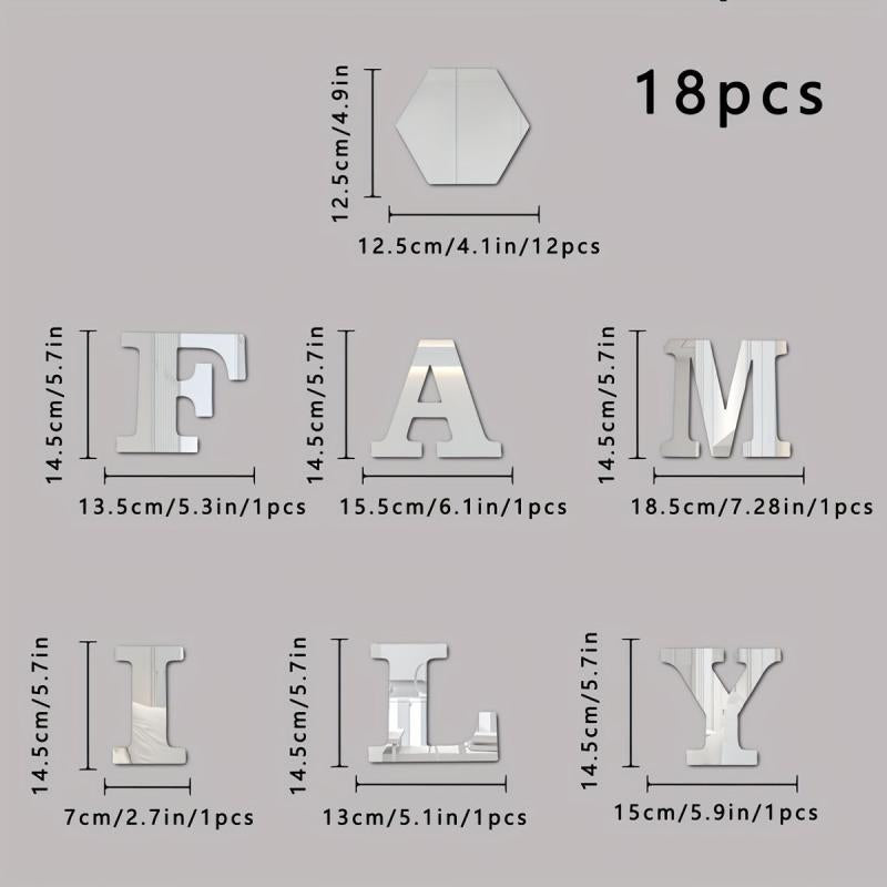 18pcs Hexagonal & FAMILY Letter Mirror Wall Stickers