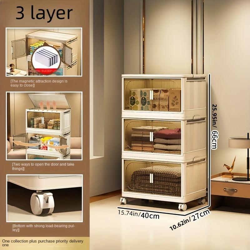 Foldable Storage Box with Wheel & Doors Stackable Shoes Storage