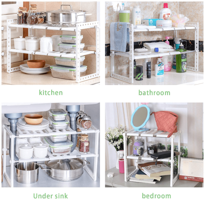 2 Tier Under Sink Organizer with 10 Removable Panels for Bathroom Storage