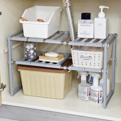 2 Tier Under Sink Organizer with 10 Removable Panels for Bathroom Storage