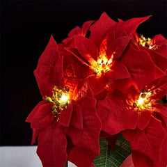 Pre Lit Poinsettia Garland Xmas Decor w/ Lights, Red Berries, Silk Flowers