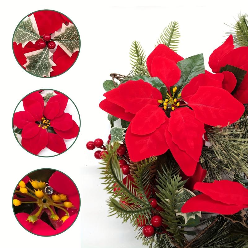 Pre Lit Poinsettia Garland Xmas Decor w/ Lights, Red Berries, Silk Flowers