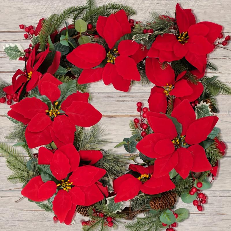 Pre Lit Poinsettia Garland Xmas Decor w/ Lights, Red Berries, Silk Flowers