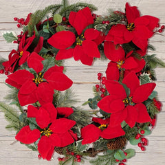 Pre Lit Poinsettia Garland Xmas Decor w/ Lights, Red Berries, Silk Flowers