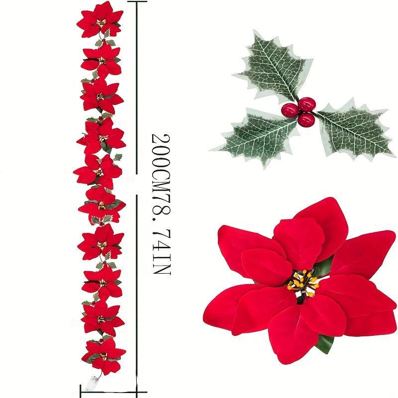 Pre Lit Poinsettia Garland Xmas Decor w/ Lights, Red Berries, Silk Flowers