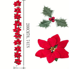 Pre Lit Poinsettia Garland Xmas Decor w/ Lights, Red Berries, Silk Flowers