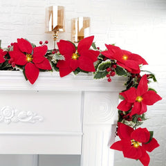 Pre Lit Poinsettia Garland Xmas Decor w/ Lights, Red Berries, Silk Flowers