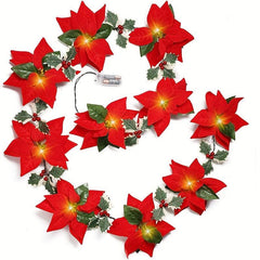 Pre Lit Poinsettia Garland Xmas Decor w/ Lights, Red Berries, Silk Flowers