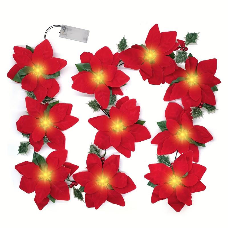 Pre Lit Poinsettia Garland Xmas Decor w/ Lights, Red Berries, Silk Flowers