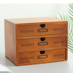 Vintage Wooden Storage Drawer Office Desktop 3-Layer Small Cabinet