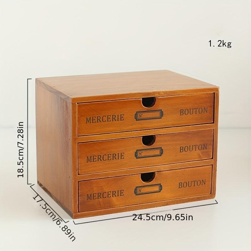 Vintage Wooden Storage Drawer Office Desktop 3-Layer Small Cabinet