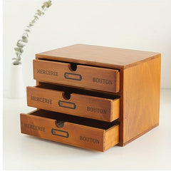 Vintage Wooden Storage Drawer Office Desktop 3-Layer Small Cabinet