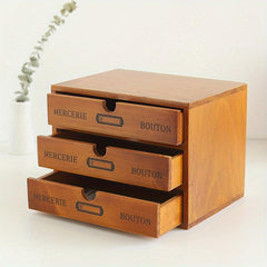 Vintage Wooden Storage Drawer Office Desktop 3-Layer Small Cabinet