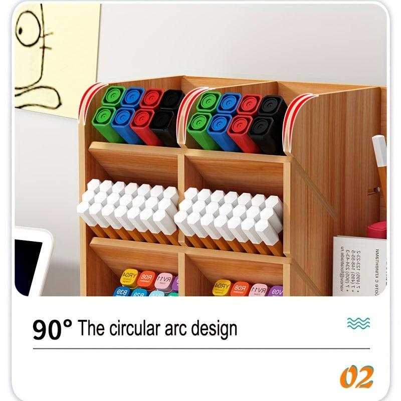 Wooden Desktop Storage Box with Drawer and Pen Holder