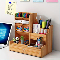 Wooden Desktop Storage Box with Drawer and Pen Holder