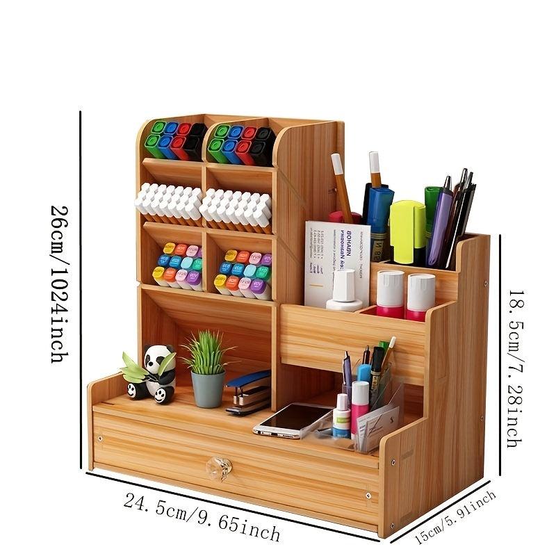 Wooden Desktop Storage Box with Drawer and Pen Holder