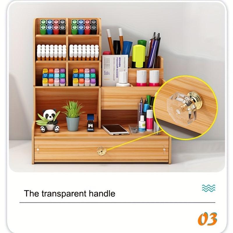 Wooden Desktop Storage Box with Drawer and Pen Holder