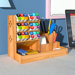 Wooden Desktop Storage Box with Drawer and Pen Holder
