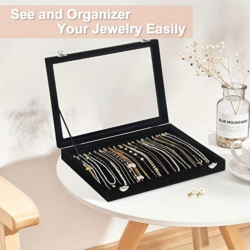 Velvet Necklace Box Jewelry Tray with Transparent Lid, Dustproof, Rectangle