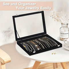 Velvet Necklace Box Jewelry Tray with Transparent Lid, Dustproof, Rectangle