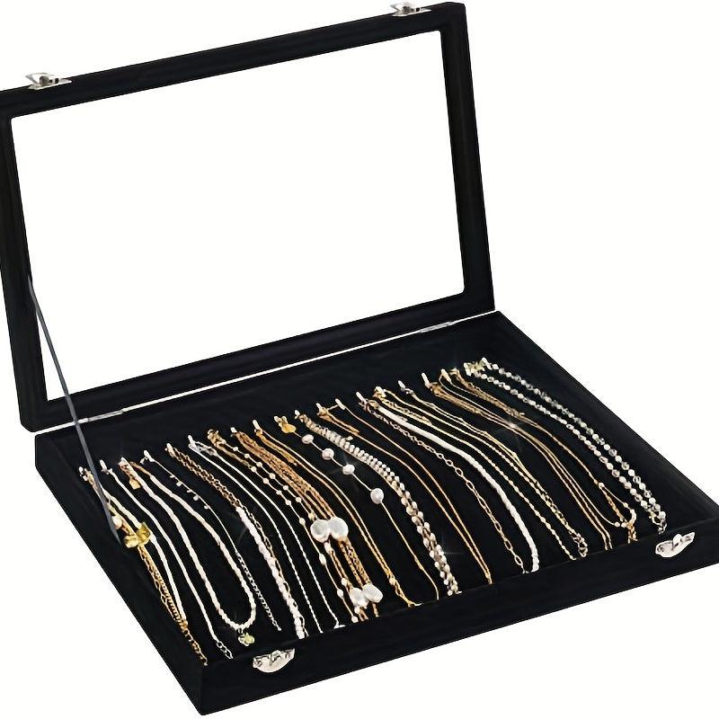 Velvet Necklace Box Jewelry Tray with Transparent Lid, Dustproof, Rectangle