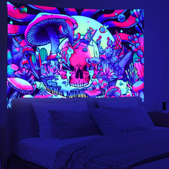 UV Blacklight Summer Skull Mushroom Tapestry for Home Decor