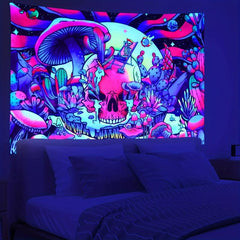 UV Blacklight Summer Skull Mushroom Tapestry for Home Decor