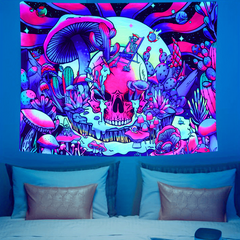 UV Blacklight Summer Skull Mushroom Tapestry for Home Decor