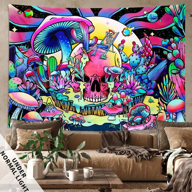 UV Blacklight Summer Skull Mushroom Tapestry for Home Decor