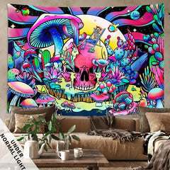 UV Blacklight Summer Skull Mushroom Tapestry for Home Decor