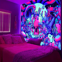 UV Blacklight Summer Skull Mushroom Tapestry for Home Decor