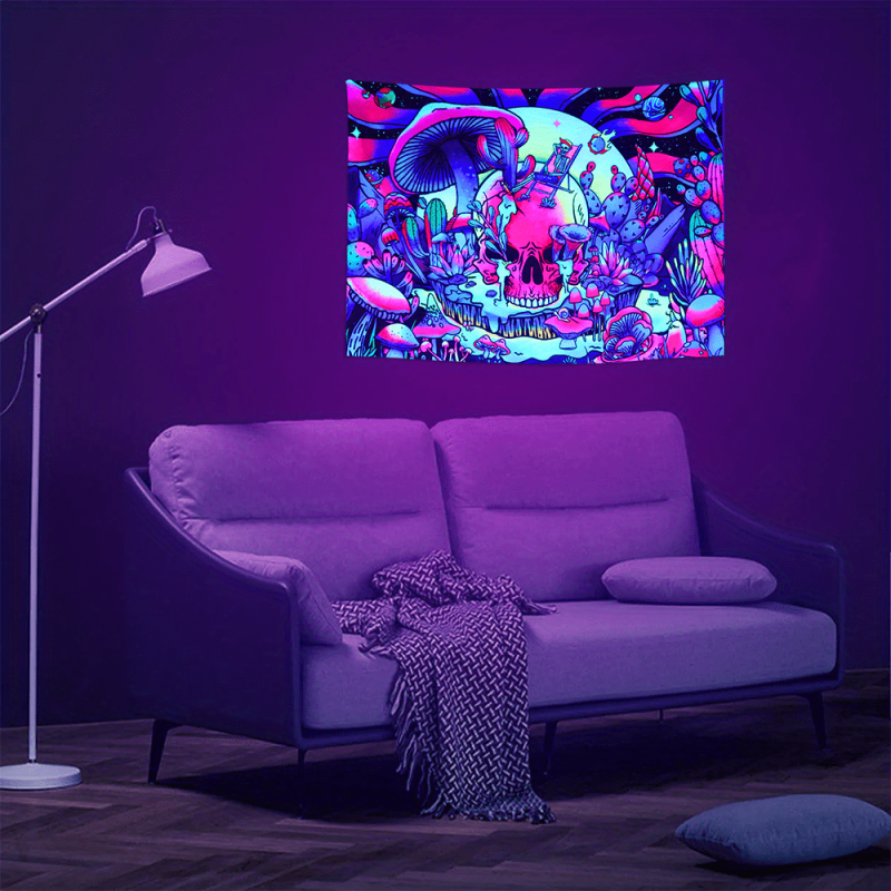 UV Blacklight Summer Skull Mushroom Tapestry for Home Decor