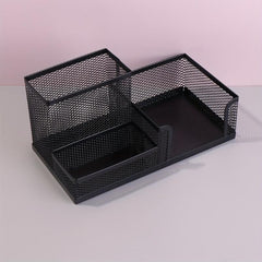 Iron Mesh Pen Holder 3 Grids Desk Storage Box Large Capacity Organizer