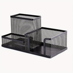Iron Mesh Pen Holder 3 Grids Desk Storage Box Large Capacity Organizer