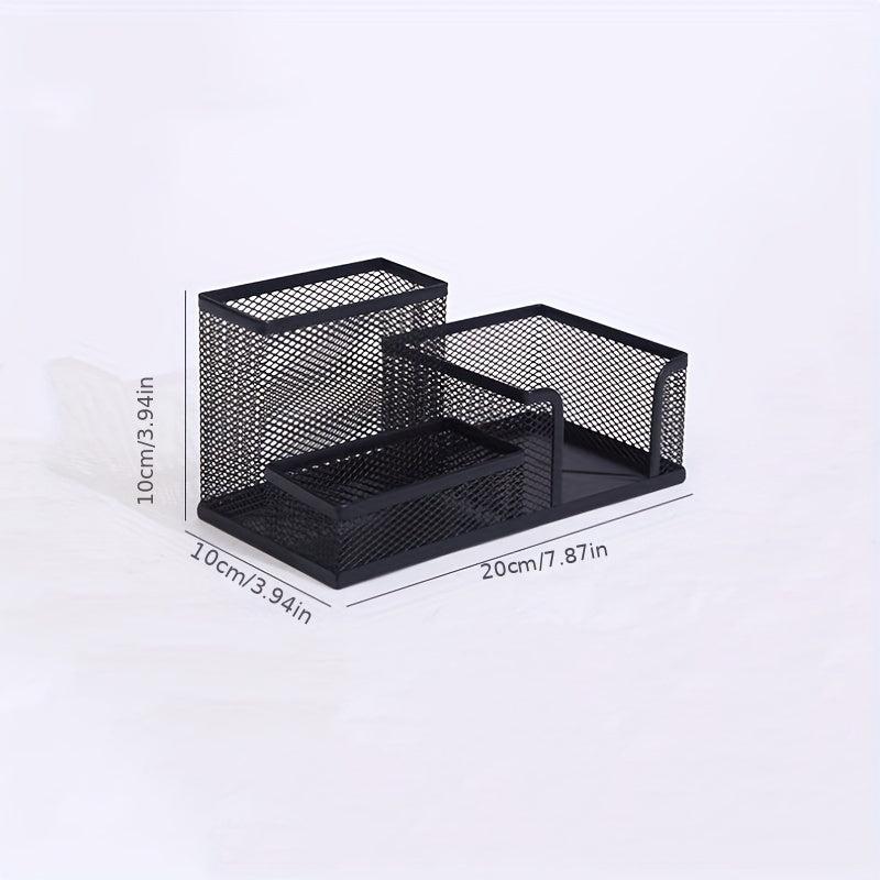 Iron Mesh Pen Holder 3 Grids Desk Storage Box Large Capacity Organizer