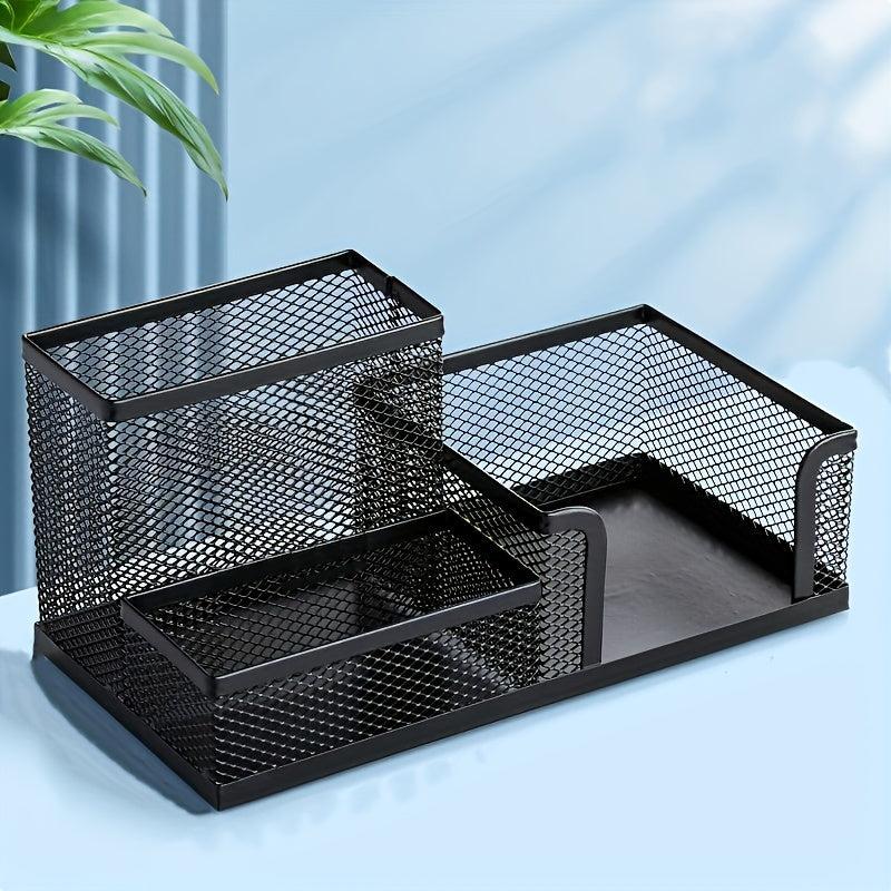 Iron Mesh Pen Holder 3 Grids Desk Storage Box Large Capacity Organizer