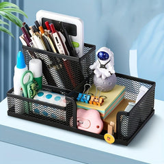 Iron Mesh Pen Holder 3 Grids Desk Storage Box Large Capacity Organizer