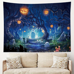 Skeleton Halloween Ghost Graveyard Pumpkin Tapestry Wall Hanging