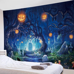 Skeleton Halloween Ghost Graveyard Pumpkin Tapestry Wall Hanging