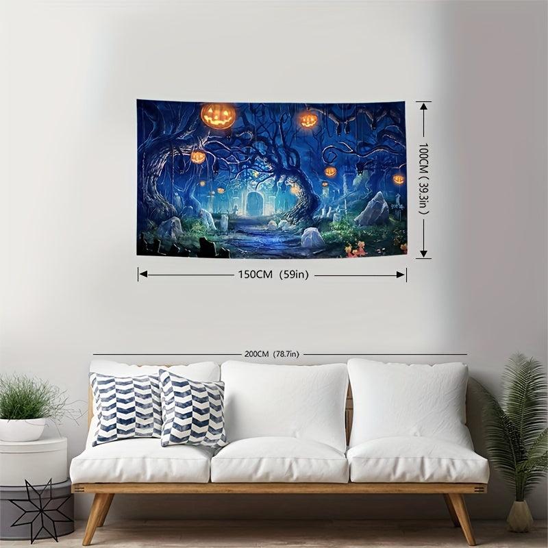 Skeleton Halloween Ghost Graveyard Pumpkin Tapestry Wall Hanging