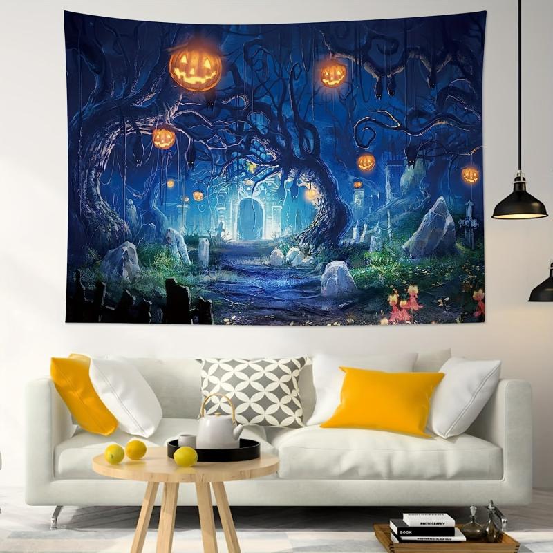 Skeleton Halloween Ghost Graveyard Pumpkin Tapestry Wall Hanging