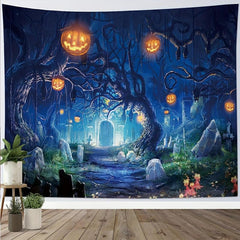 Skeleton Halloween Ghost Graveyard Pumpkin Tapestry Wall Hanging