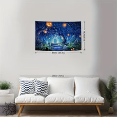 Skeleton Halloween Ghost Graveyard Pumpkin Tapestry Wall Hanging