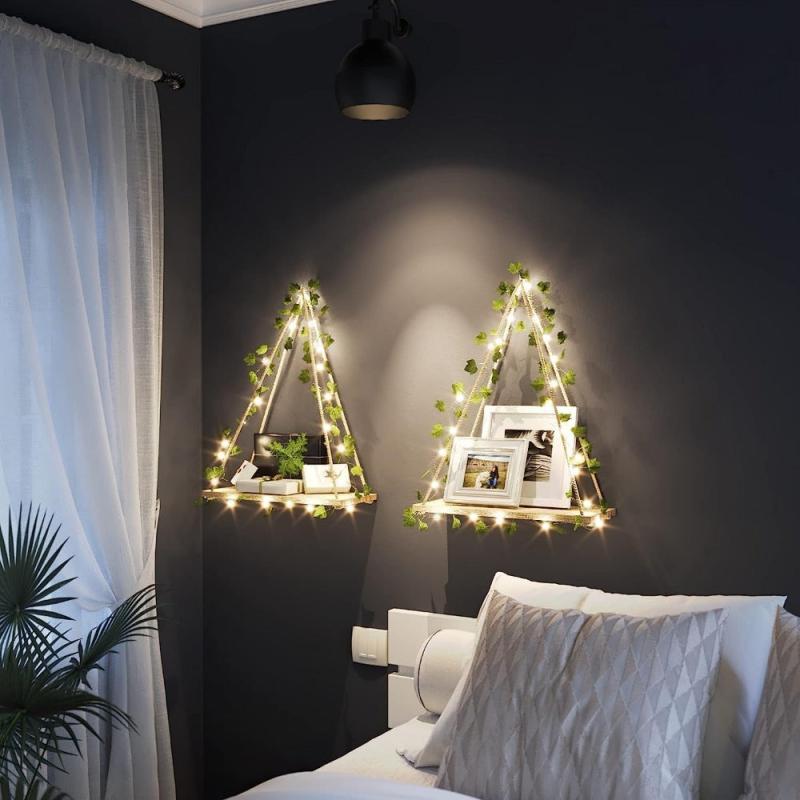 Boho Woven Hanging Shelves with Artificial Ivy Light