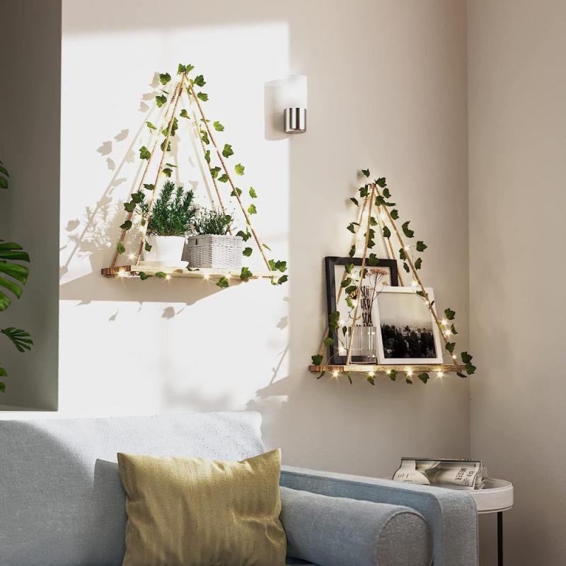 Boho Woven Hanging Shelves with Artificial Ivy Light