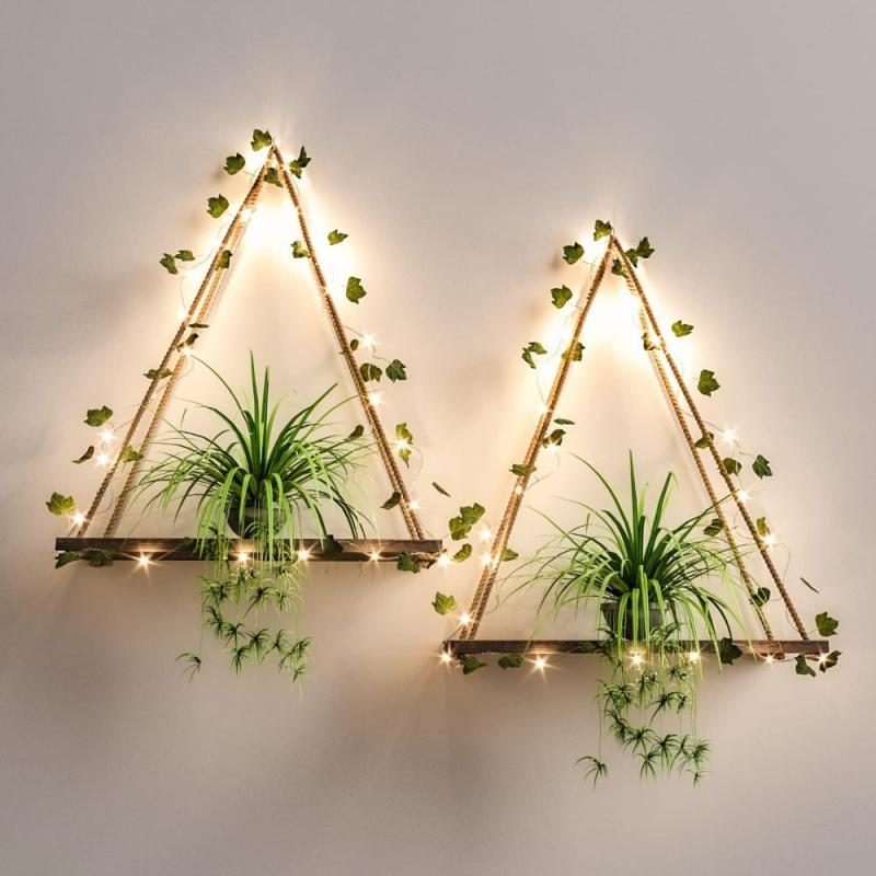 Boho Woven Hanging Shelves with Artificial Ivy Light