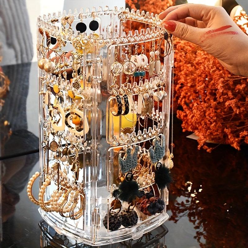 Rotating Jewelry Display Rack Earring Storage Holder Dustproof Portable Box